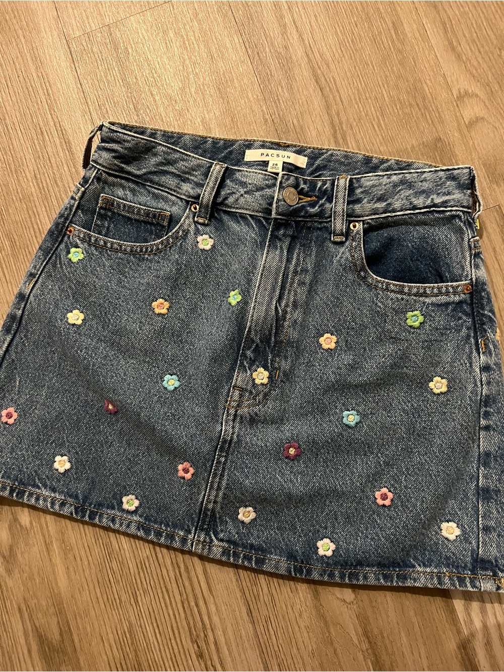 PacSun Dark Blue Denim Mini Skirt with Multicolor Daisy Embroidery